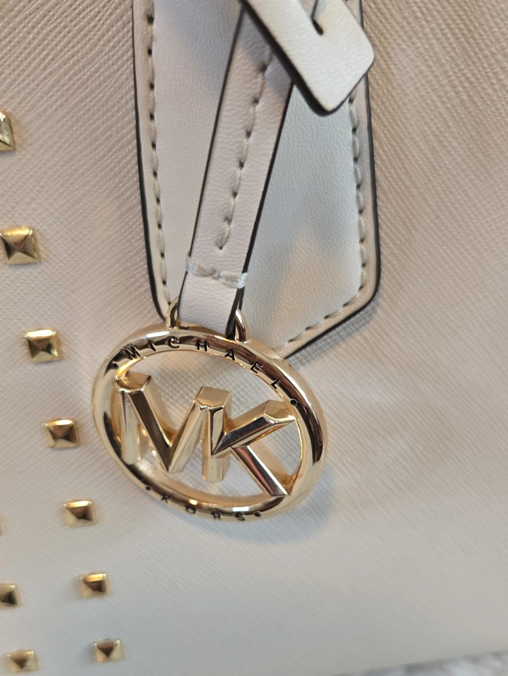 Michael Kors Cream Saffiano Leather Studded Satchel with Gold Hardware Nwot